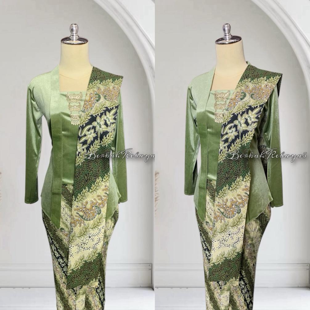 Termurah  Setelan Kebaya Kutu Baru Bludru Warna Sage / Kebaya + Selendang + Jarik Plisket