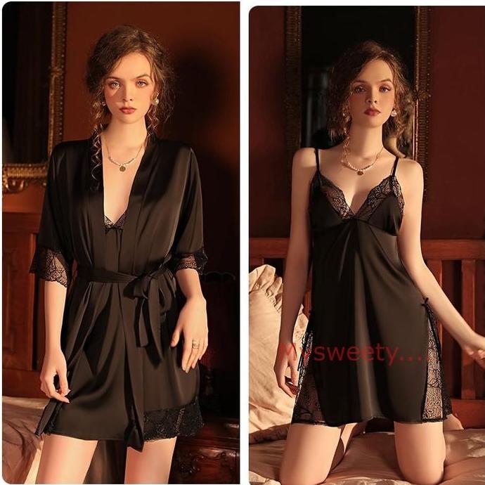 (M/L)Satu Set Baju Tidur Sexy Lingerie Wanita/Kimono Lingerie Satin  (Yy8Set)