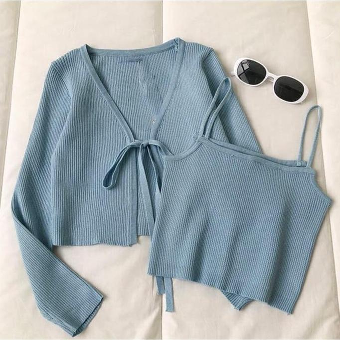 CARDIGAN KOREA SET / CRINUMA CROP SET Baju Panjang Wanita Rib Denim Remaja Atasan