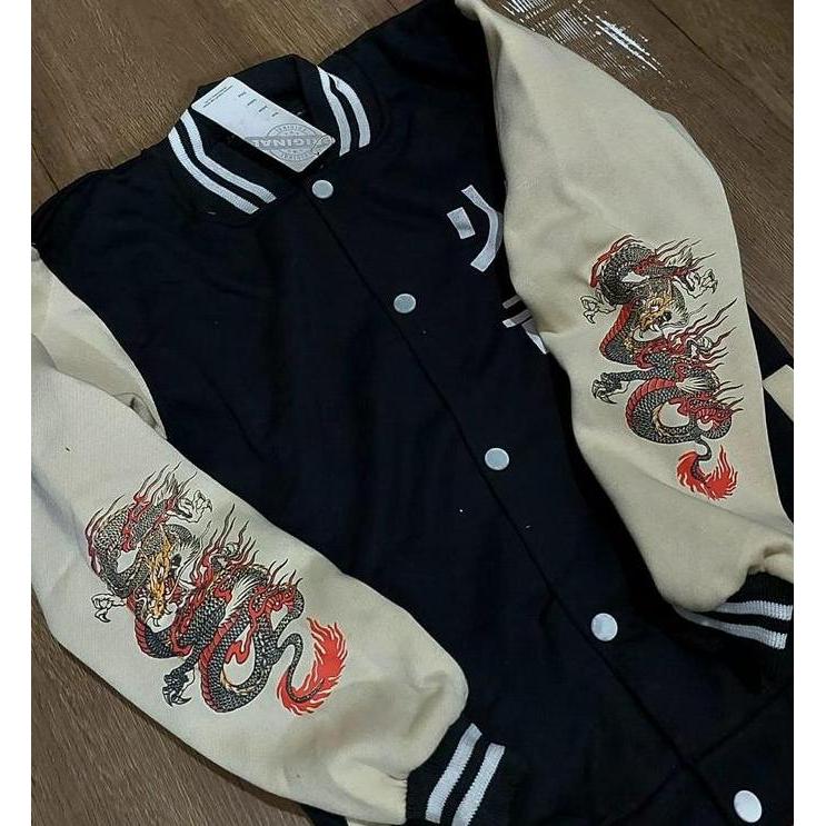 Uomo- Jaket Varsity Baseball Motif Naga Api Yakuza Culture Japan Unisex Fleece Kain Tebal Dewasa Jep