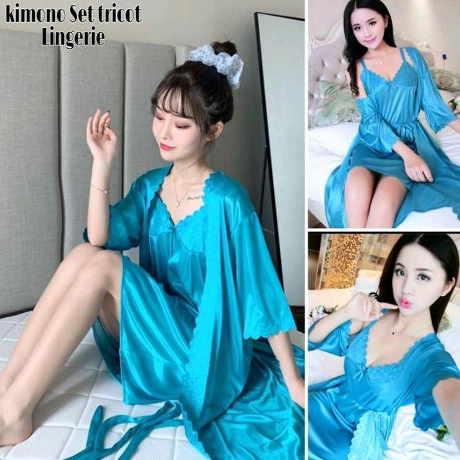 Baju Tidur Kimono Lingerie Sexy 2In1 Tricot Satin Import Wanita
