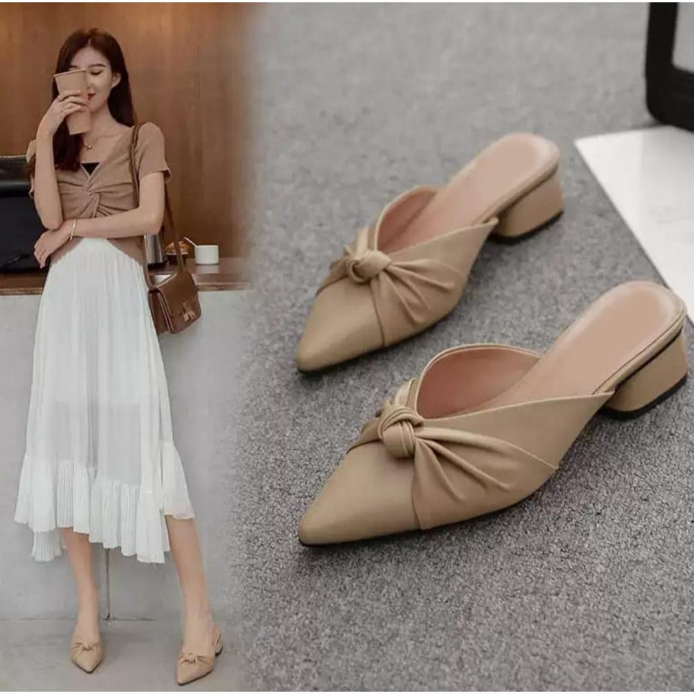 Jejak Flat Mules Wanita Tertutup Cantik Hak 4cm Warna Hitam Cream Moka Size 36-40 (CK564) [S2]