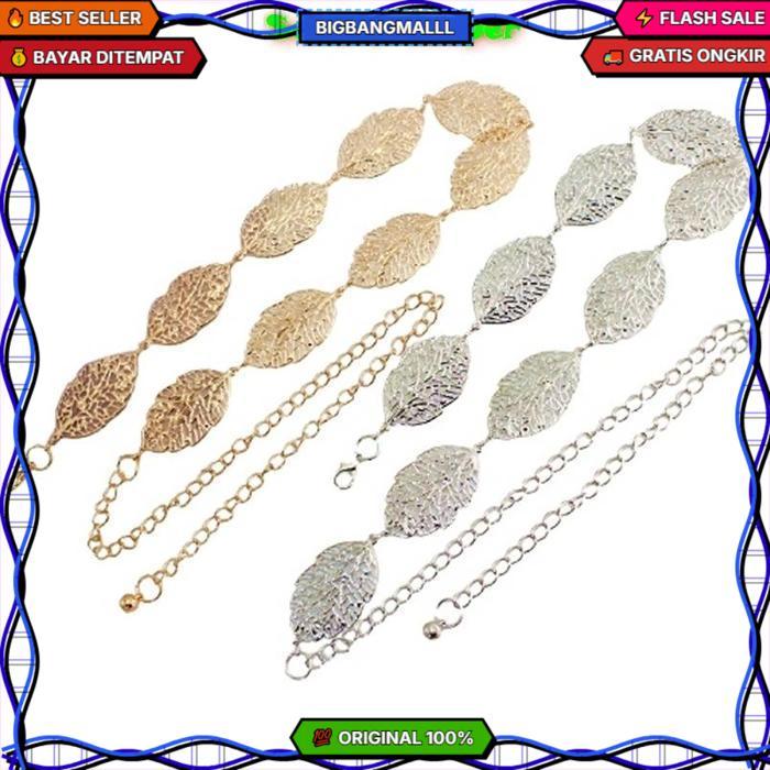 Sabuk Belt Daun Gesper Rantai Wanita Ikat Pinggang Rante Fashion Korea Cewek Obi Gold Aksesoris Mode