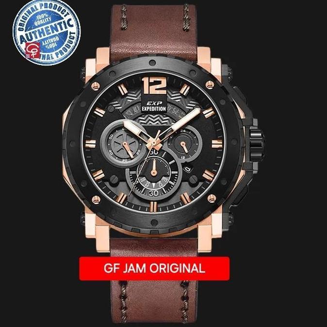 EXPEDITION E6402 E 6402 MAN BLACK ROSEGOLD LEATHER STRAP JAM TANGAN