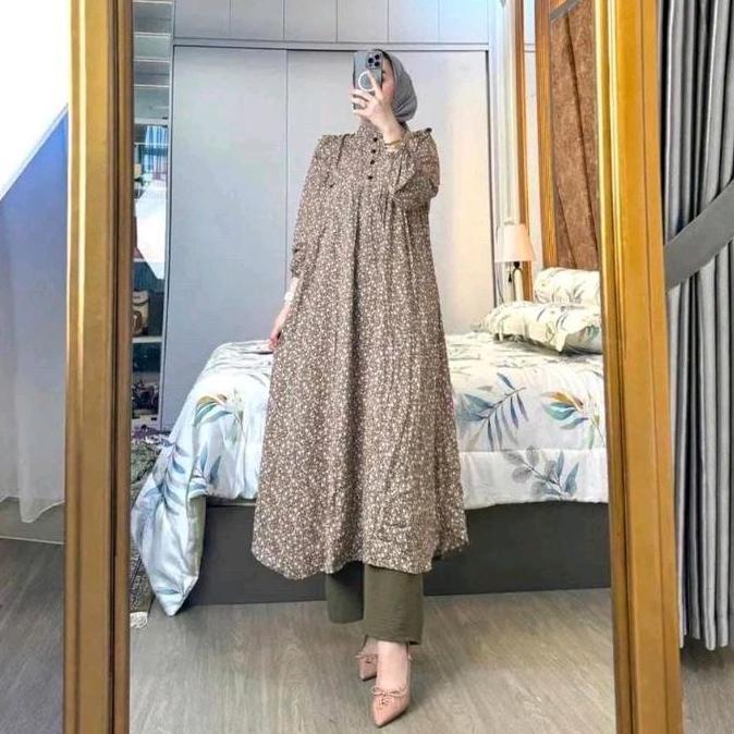 Idham_Bestt - Set Tunik Wanita  One Set Long Tunik Kancing Motif / Bahan Atasan Rayon Diamond Mix Cr