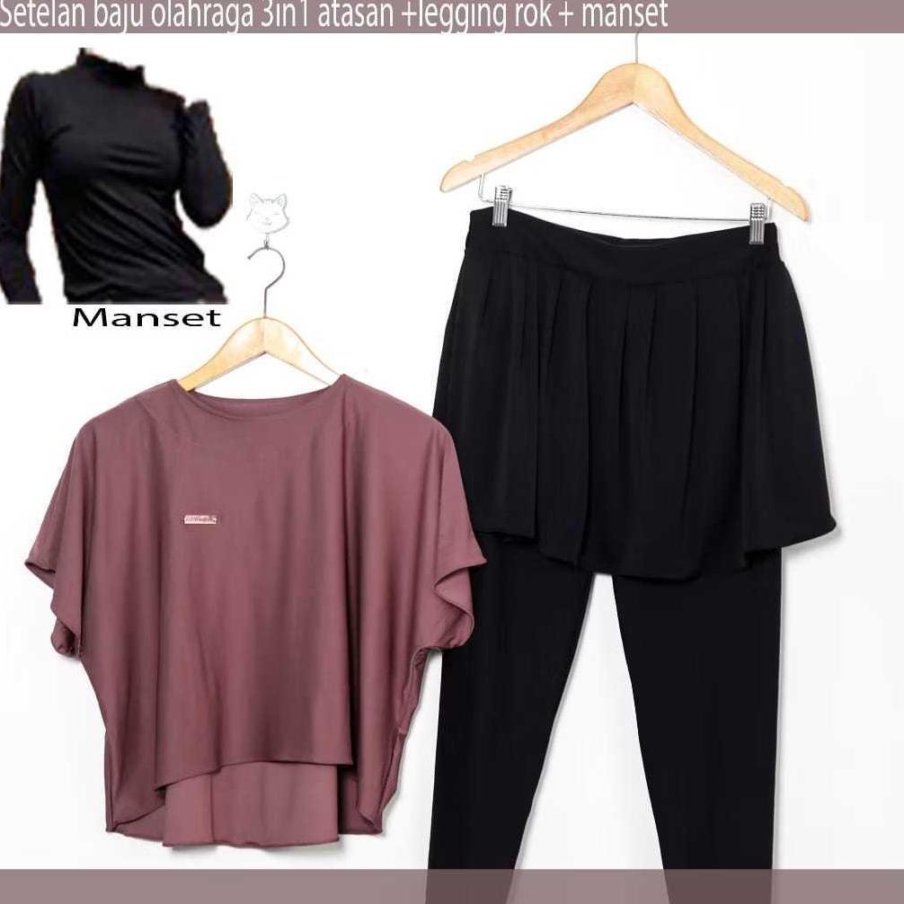 CUCI GUDANG Setelan Baju Olahraga Wanita One Set Luna Sport Crop Top Legging Rok Model 3 in 1 Bahan 
