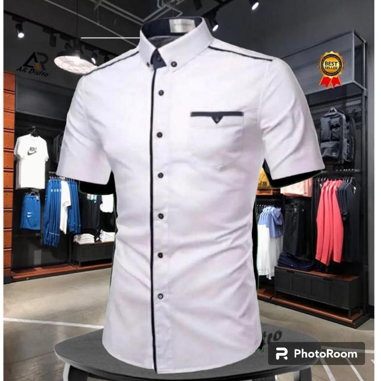 BEST SELLER KEMEJA PRIA POLOS LIST M L XL XXL JUMBO | KEMEJA HEM FORMAL SLIM FIT PRIA | HITAM PUTIH 