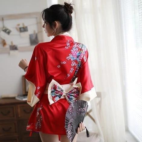 Premium Kimono Jepang Cosplay Sexy Lingerie Bahan Ice Silk Motif Bunga