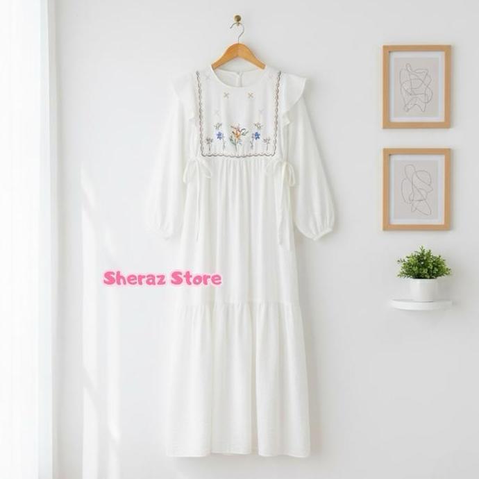 Shukyo- Cherika S M L Xl Xxl 5L Gamis Dress Polo Linen Bordir Nita Terbaru Kekinian Jumbo Ld 140 130