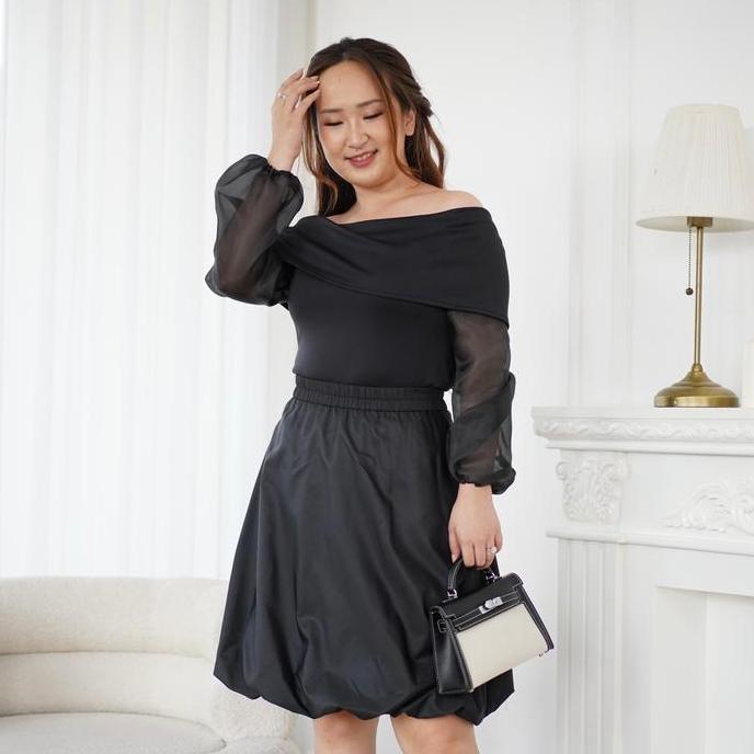 ( Diane Off Shoulder Blouse Baju Atasan Sabrina Lengan Balon Bahan Scuba Organza Pakaian Wanita Terb