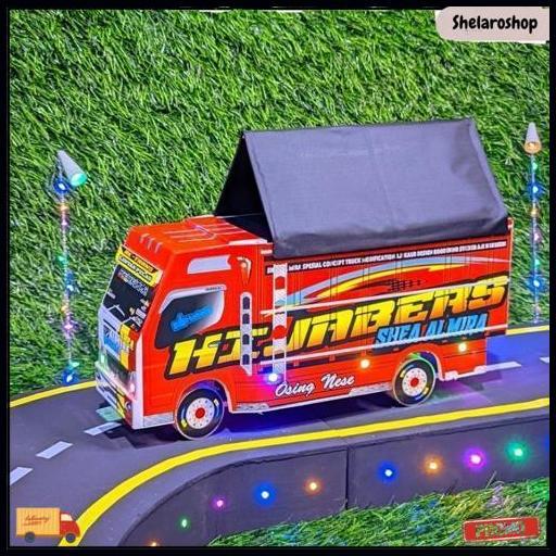 Truk Oleng Miniatur Kayu Asli Full Variasi New Tawakal 5 Putih Lampu Kelap Kelip Terpal Roda Kayu Ma