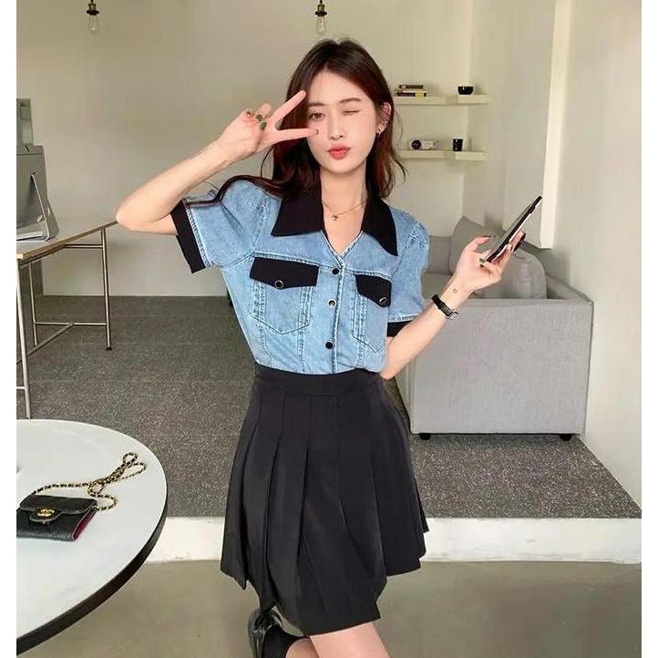 983-KEMEJA JEANS WANITA LENGAN PENDEK/KEMEJA & BLOUSE WANITA LENGAN PENDEK Atasan Casual Denim