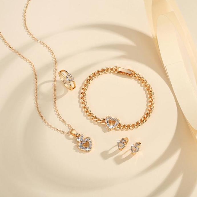 LM904 Set Anak-Anak love kristal Kalung Gelang Anting Dan Cincin Anti Luntur Aksesoris Fashion Anak 