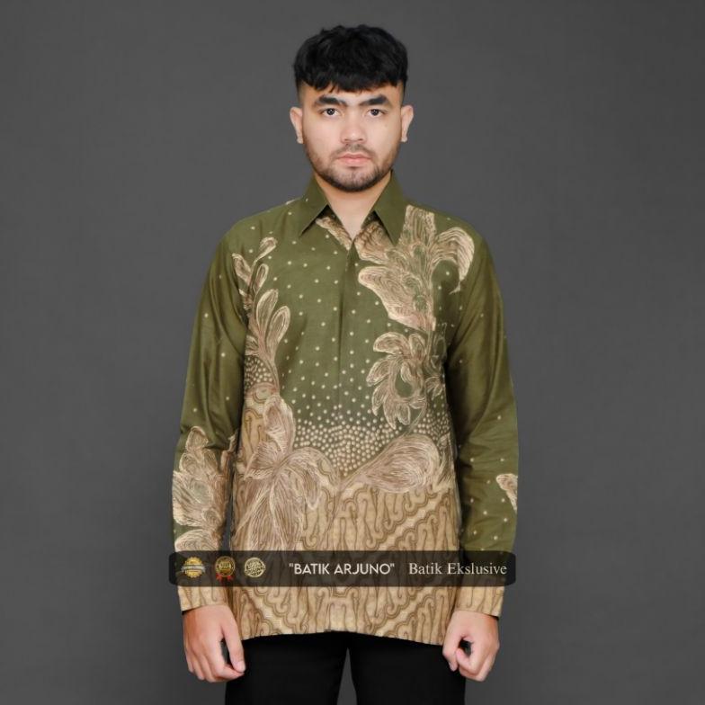 CUCI GUDANG kemeja baju batik pria lapis furing ekslusive lengan panjang Anggrek Hijau Lumut ijo