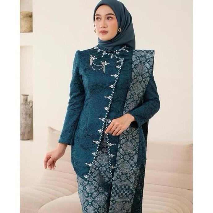 Kebaya Setelan Janggan Brokat Selendang Rok Songket Wanita Modern Atasan Kebaya Wisuda Kekinian Terb