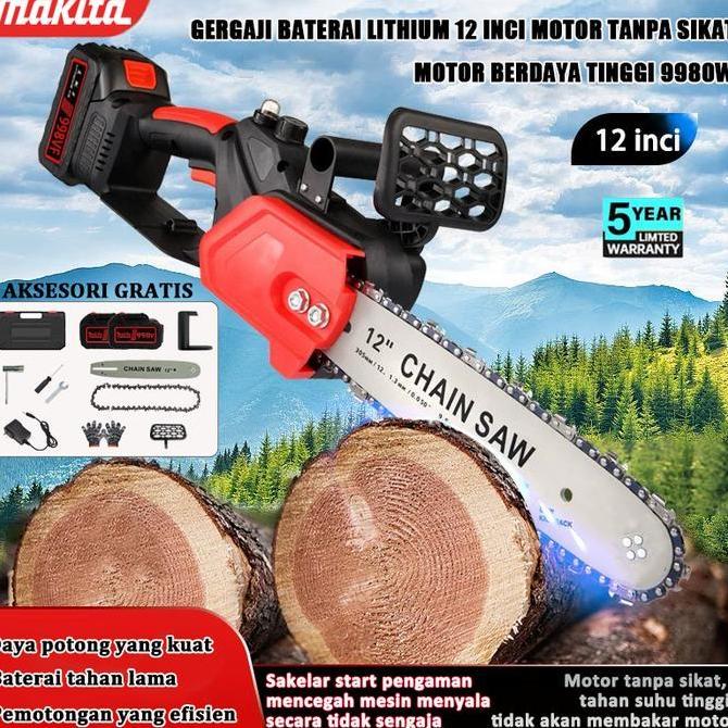 ODONTY MAKITA Mesin Chainsaw 12 /10 /8 /6 /4 inci Cordless Chainsaw 998V Gergaji Baterai 2 Baterai H