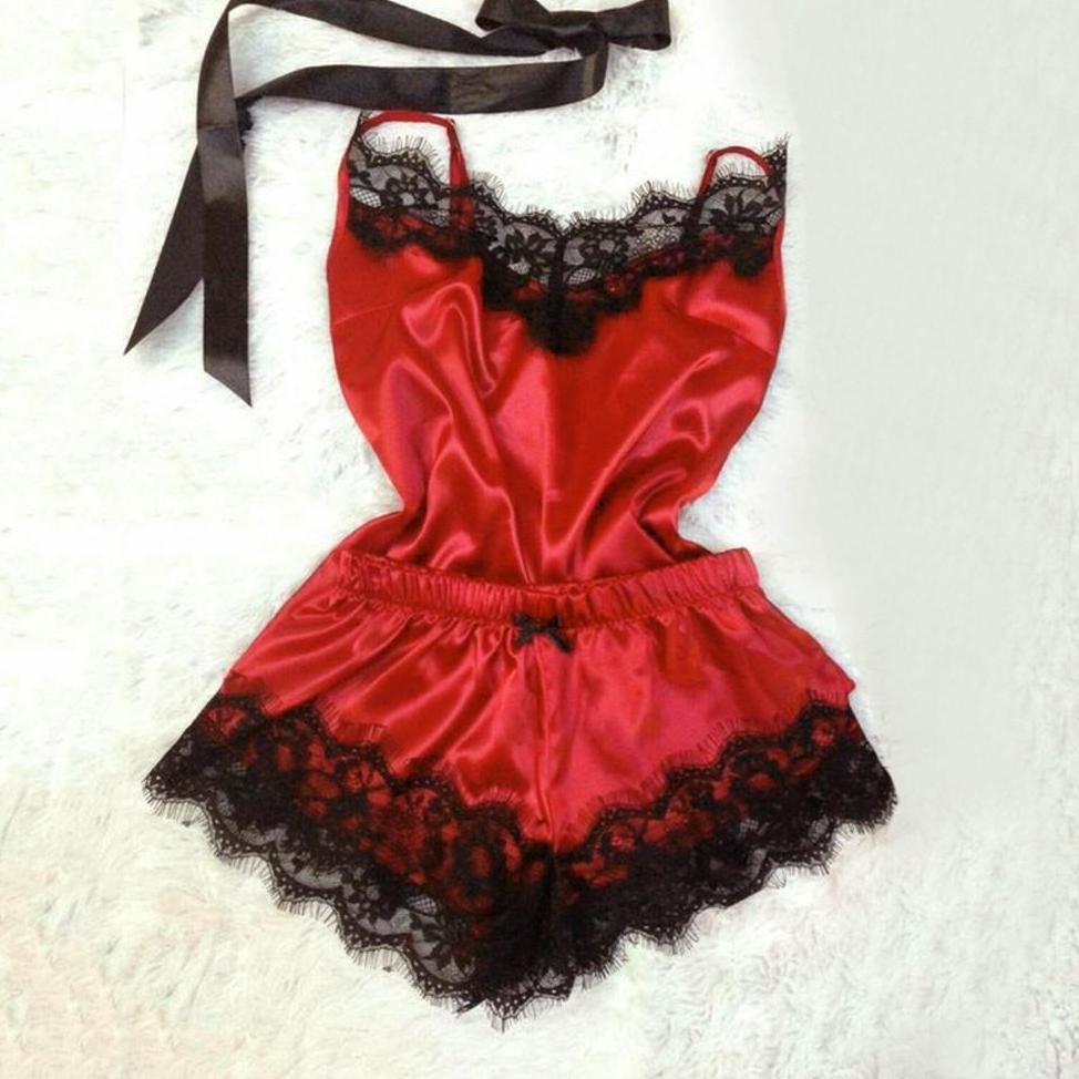 limited stelan piyama baju tidur wanita tali satu celana pendek satin renda #15