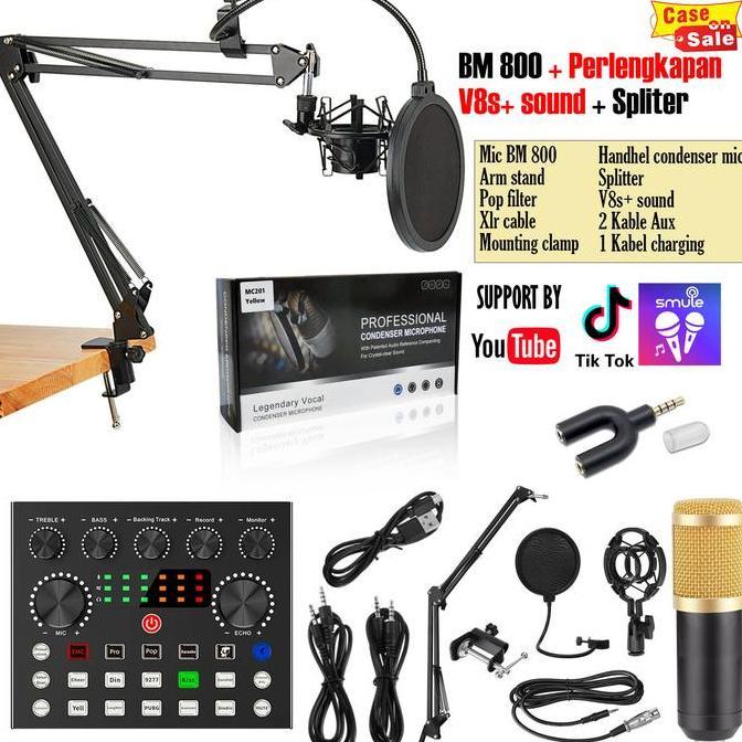Mic BM 800 Full Set Paket Stand Recording Microphone Mic Condenser + SOUNCARD V8 Plus AUDIO SPLITTER