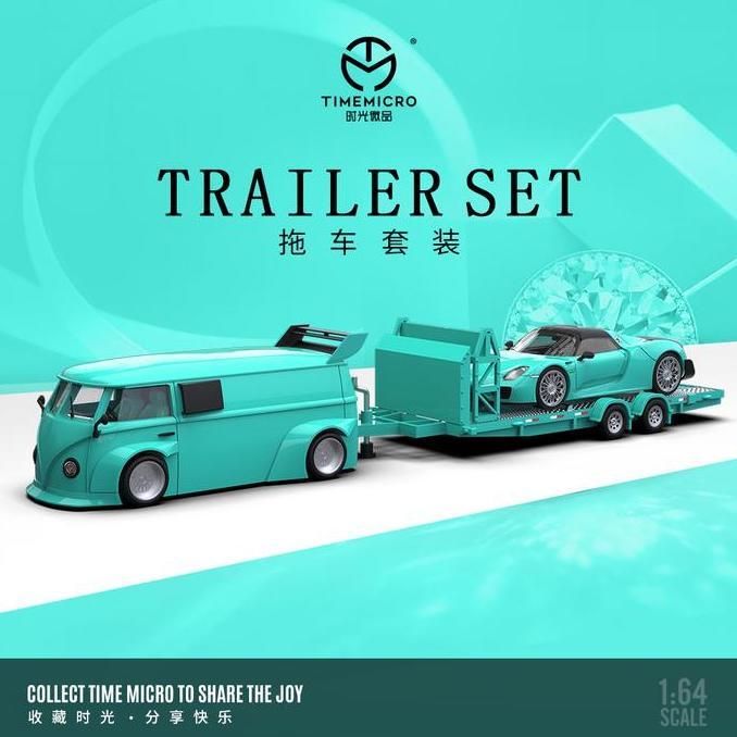 Time Micro 1:64 RWB VW Volkswagen T1 Van Porsche 918 Spyder Tiffany Blue Trailer Set