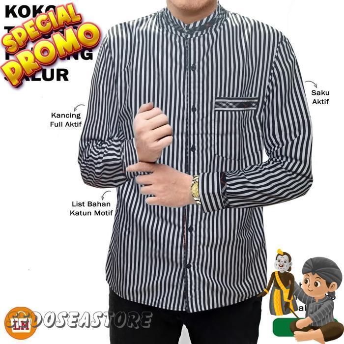 Baju Koko Muslim Garis Salur Hitam Putih Lengan Pendek Lengan Panjang Casual Ganjar Pranowo Atasan H