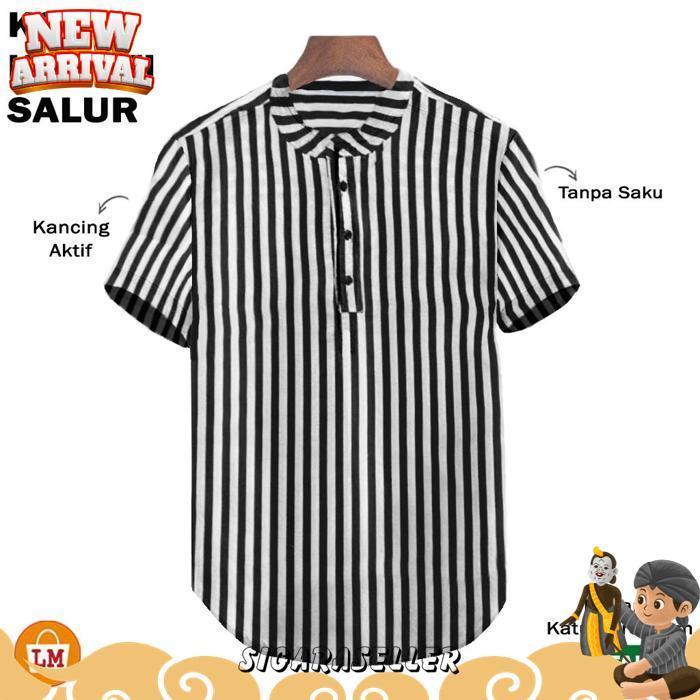 Baju Koko Muslim Garis Salur Hitam Putih Lengan Pendek Lengan Panjang Casual Ganjar Pranowo Atasan H