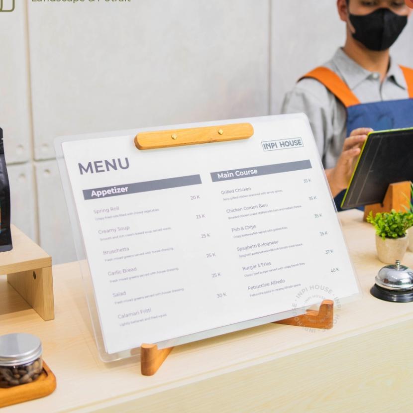 Inpi House Menu Board, Stand - Tempat Papan Menu - A3 Landscape & Portrait - Kayu + Akrilik
