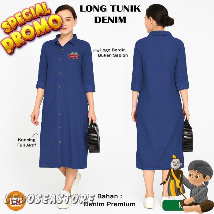 Long Tunic Jeans & Denim Baju Tunik Lengan Panjang Wanita Full Kancing Motif Lucu Logo Bordir Big Si