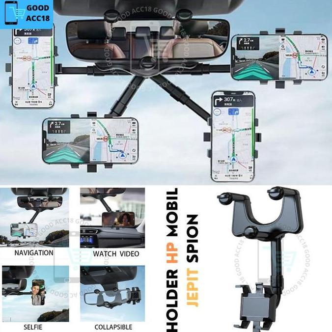 Cellulare- Holder Mobil Nb59 Fleksibel | Jepit Kaca Spion Tengah + Bracket Anti Goyang