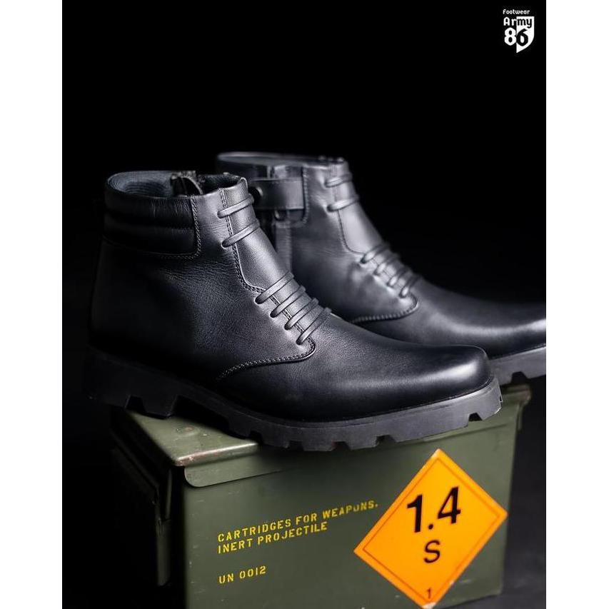 Kingg- Army86 Sepatu Pdh Kulit Model Navy Rna Hitam Dop Dinas Kantor Boots Shoes