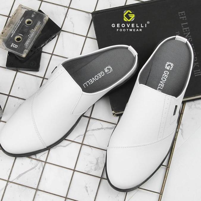 Kingg- Gvl Geovelli - Sepatu Selop Pria Putih Kulit Sandal Bustong Laki Laki Sendal Bustong Casual S