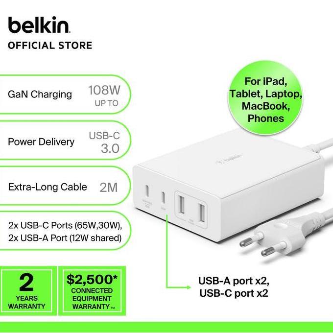 Belkin WCH010krWH BoostCharge Pro 4-Port GaN Charger 108W+2M cable