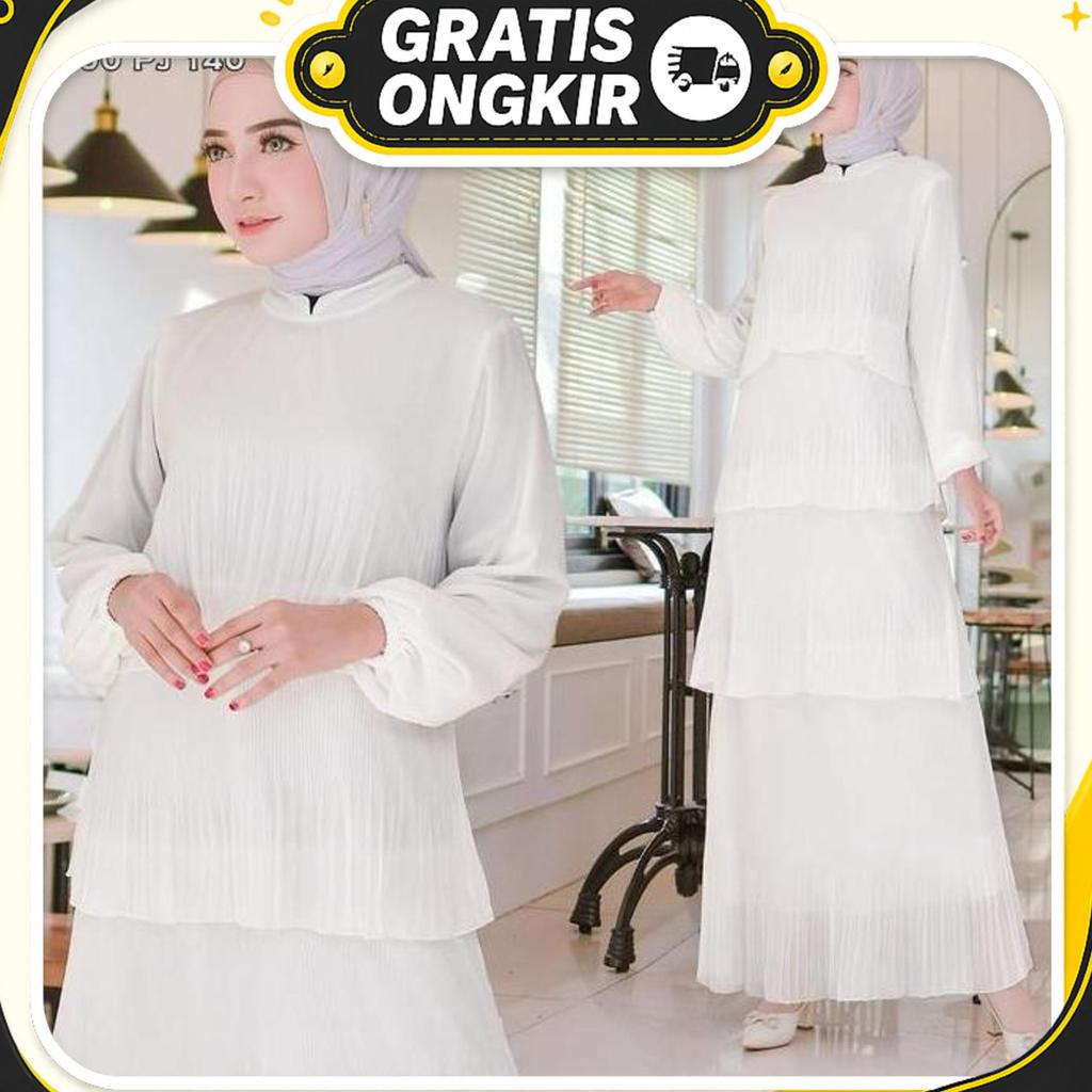Gamis Ceruty Plisket Rempel Putih Polos Gaun Muslim Vima 75368