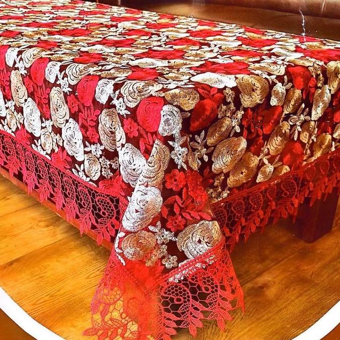 Taplak Meja Makan Renda Bordir | Taplak Meja Kain Segi Premium 6-8 Kursi
