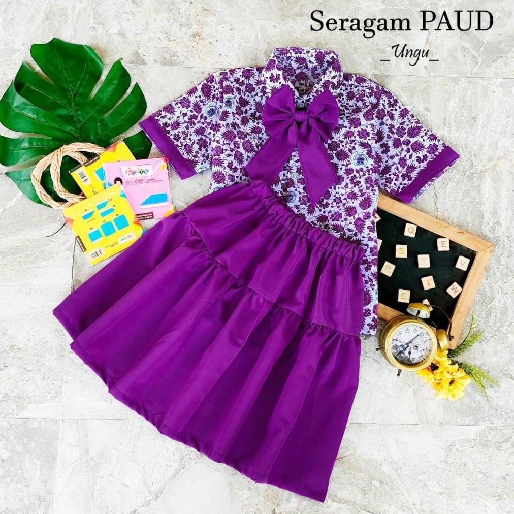 Free Ongkir Seragam Sekolah Batik Paud Warna Ungu Baju Batik Paud Ungu Setelan Seragam Batik Tk Anak