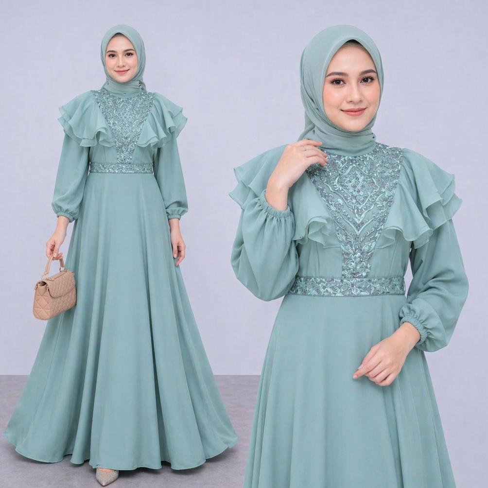 Diskon R.A - Meghan Dress Gamis Brukat Organza Mewah Gaun Pesta Maxi Muslim Wanita Premium