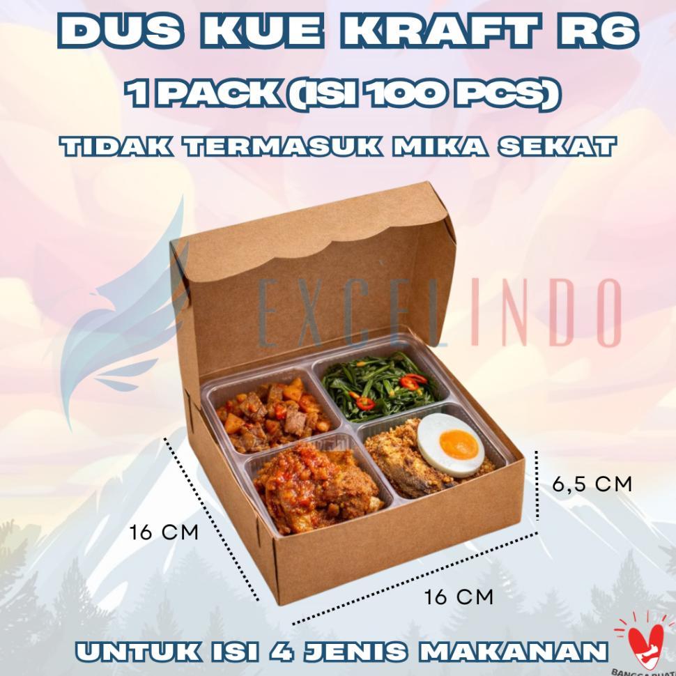 (1 Pack Isi 100 Pcs) Excelindo Kotak Dus Kue / Dus Makanan R6 Kraft Sealer (16 X 16 X 6,5 Cm)