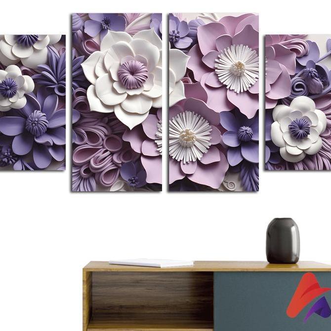 Hiasan Dinding Set Abstrak Purple 3D Flowers Isi 4 (82 C) Kamar Dekorasi Rumah Wall Decor Pajangan D