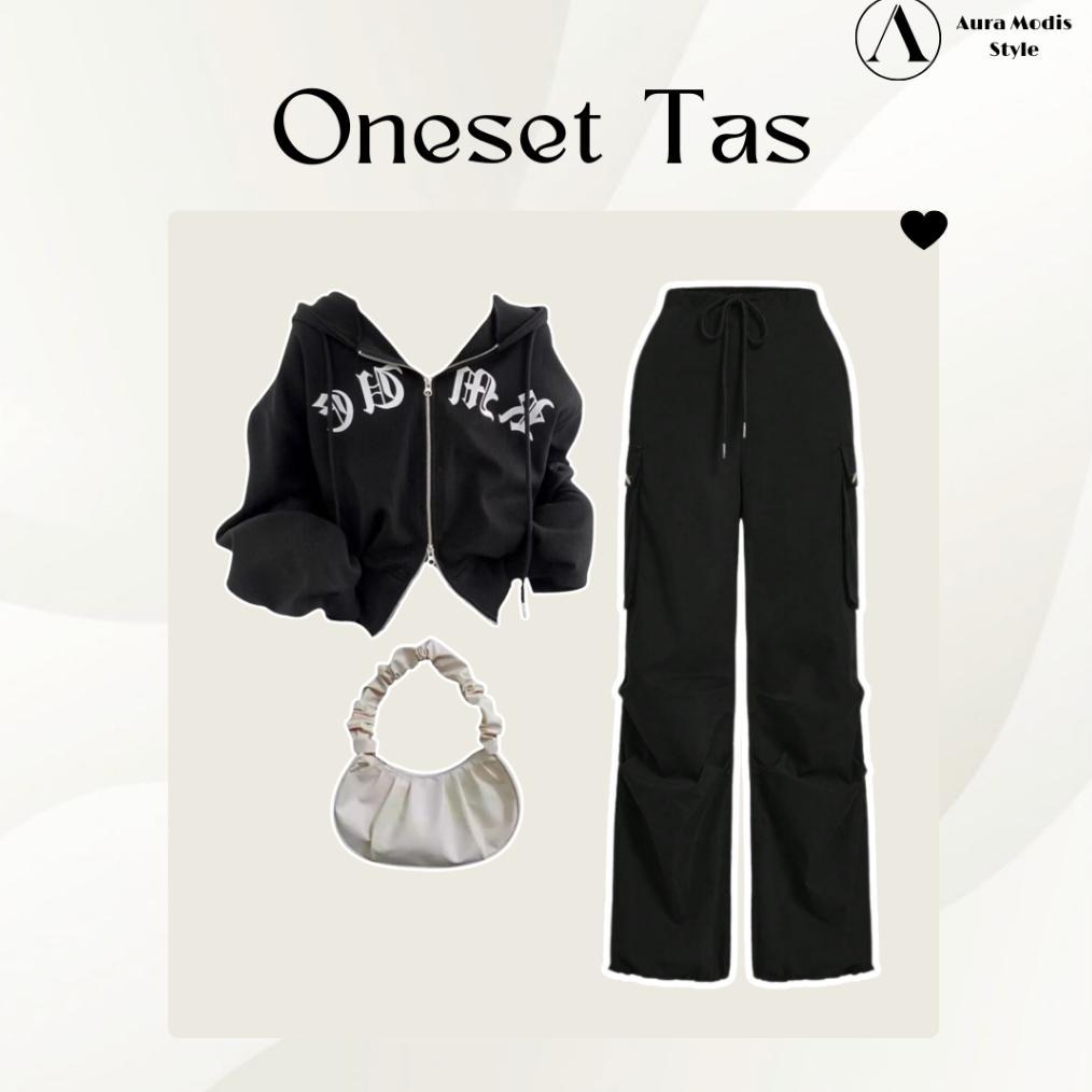 Terbaru Setelan 4In1 Wanita Premium | Sweater Crop Fleece Adem | Celana Cargo Hitam Jumbo Anti Gerah