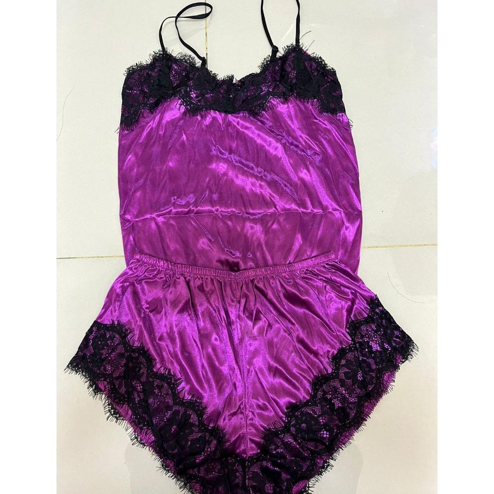 Termurah Stelan Piyama Baju Tidur Wanita Tali Satu Celana Pendek Satin Renda #15