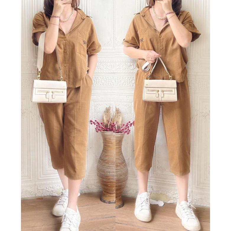 Discount Amari One Set Linen Celana 7/8 Kemeja Polo One Set Kekinian One Set Celana 7/8 One Set Wani
