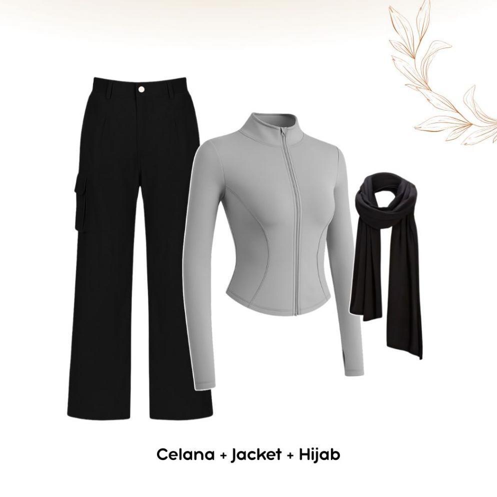 Grade Ori Oneset 3In1 Celana Cargo + Jaket Fitbody + Hijab Pasmina Jersey | Ootd Outfit Olahraga Ten