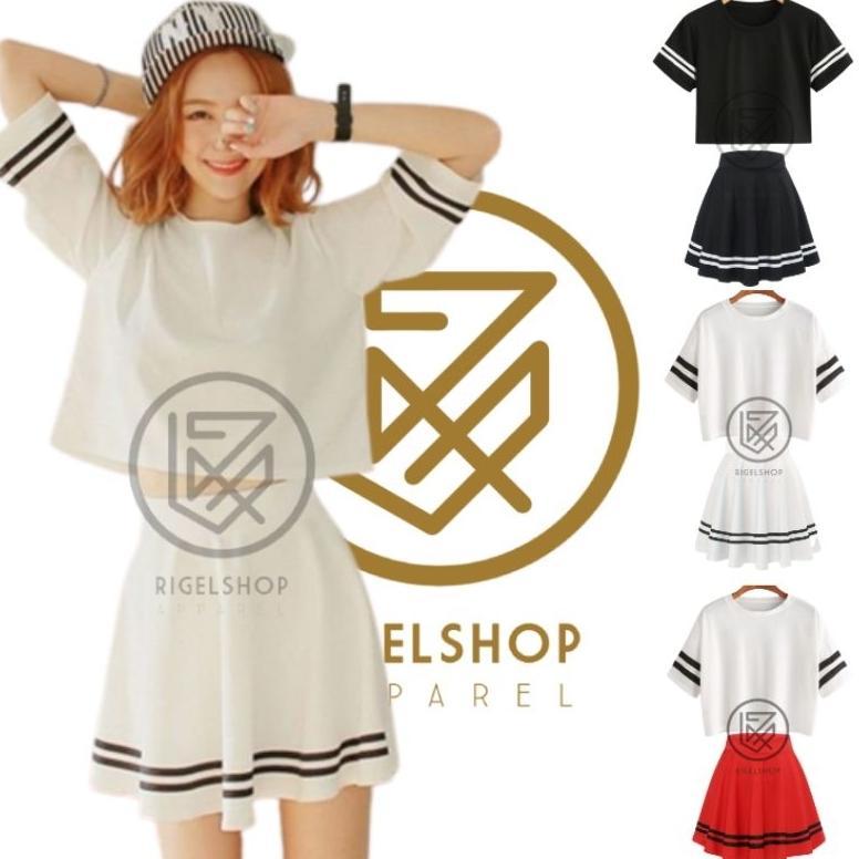 Discount Setelan Crop Stripe Hitam Rok Stripe Hitam Wanita Kasual Olahraga Gym Zumba Line Dance Sete