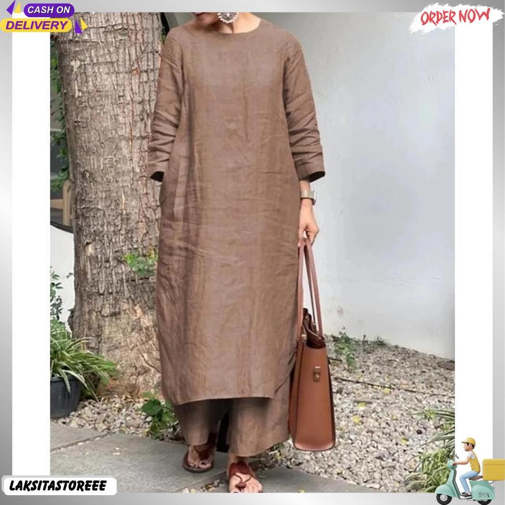 Tunika Oneset Katun Rami Baju Tunik+Celana Hw Daily Set Santai Stelan Remaja Viral Korean Stlye Cod 