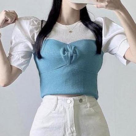 Blouse Rajut Wanita Lengan Pendek | Blouse Rajut Lengan Balon Pendek | Blouse Crop Top Rajut | Kaos 