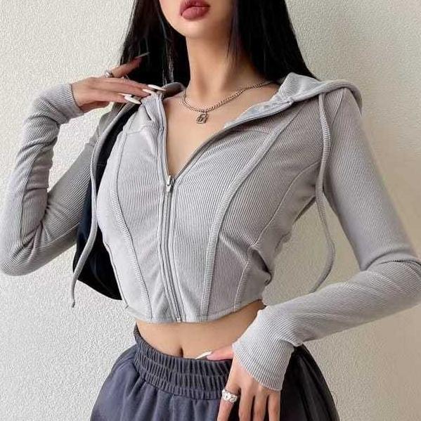 TERBARU LONG SLEEVE REINA HOODIE CROP TOP ZIPPER / JAKET ZIPPER