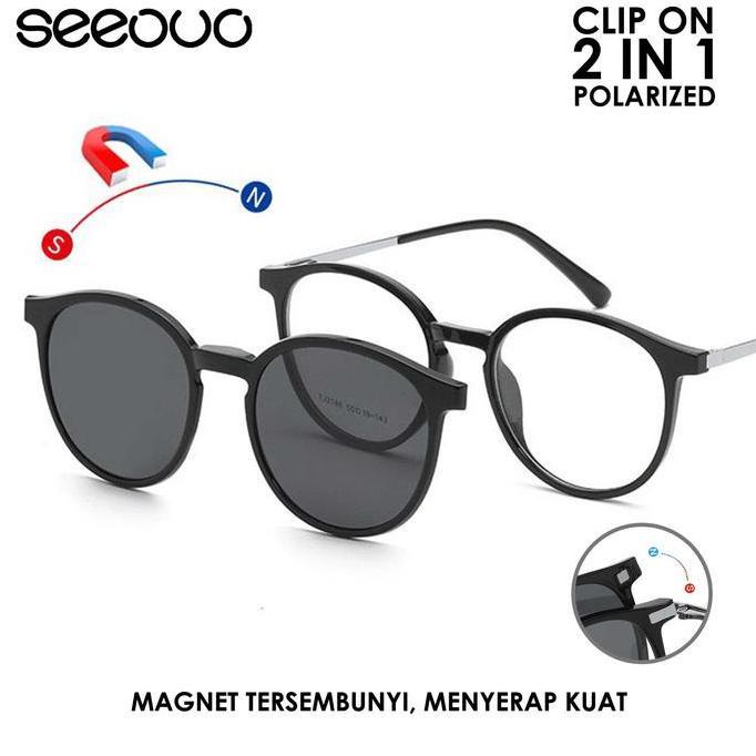 Murah Seeouo Frame Kacamata Clipon 2In1 Polarized Model Oval Tr90+Metal 2186