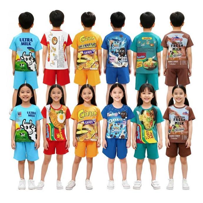 Ortkids | Paket 3Pcs Setelan Baju Anak Motif Random Baju Anak Viral Motif Indomi Sotomi Chitato Ultr
