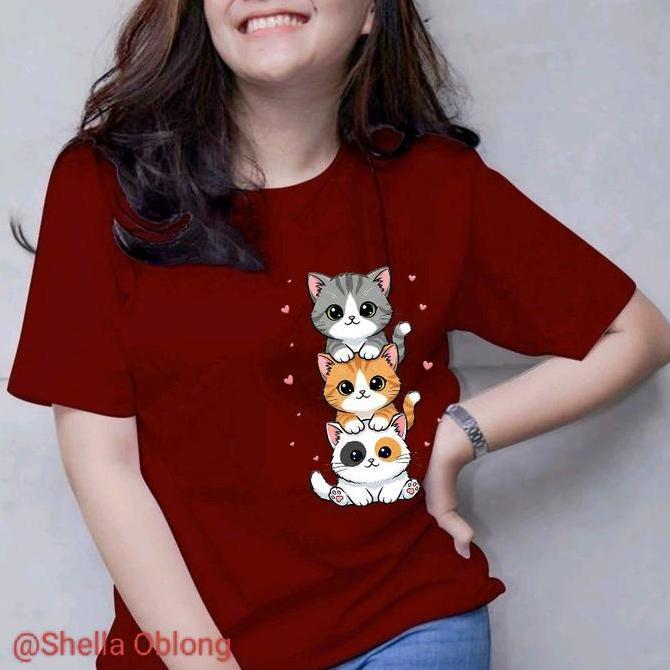 Baju Kaos Atasan Pria/wanita KUCING 3 NUMPUK Oblong Koko Dusty Pink Musim Dingin Distro Kopiah Batik