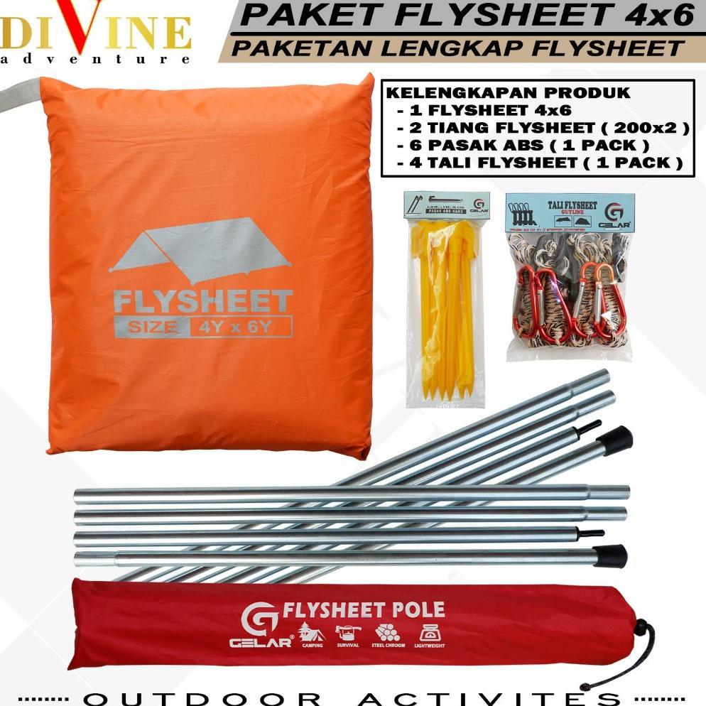 paketan flysheet tenda camping size 4x6 waterproof lengkap 1 flysheet 4x6 + 2 tiang + 6 pasak abs + 