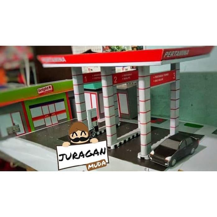 Diy Miniatur Papercraft Spbu Pertamina Plus 2 Totem Merah Dan Biru
